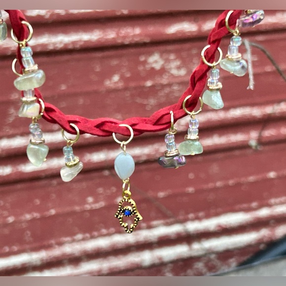 Red Faux Suede Braided Choker Fluorite w/Hamsa charm - Picture 2 of 5